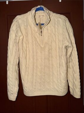 Hem & Thread Cream Cable-Knit Quarter-Zip Turtleneck Sweater
